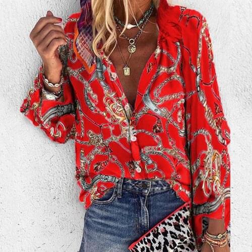 2021 New Design Plus Size Women Blouse V-neck Long Sleeve Chains Print Loose Casual Shirts Womens Tops And Blouses