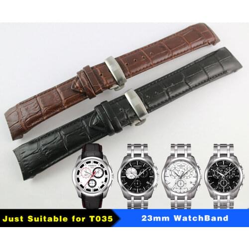 23mm (Buckle 20mm) T035617A T035439 High Quality Silver Butterfly Buckle + Brown Black Genuine Leather curved end Watchband