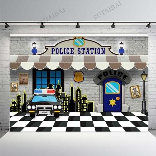 7x5ft Police Station Backdrop Party Police Car City Night Guard Photo Background Black White Grid Floor Vinyl Photography Studio