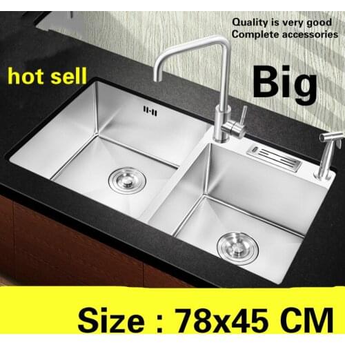 Free shipping Apartment big high quality kitchen manual sink double groove do the dishes 304 stainless steel hot sell 780x450 MM