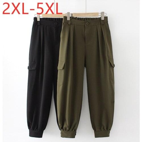 New 2021 ladies spring autumn plus size long overall pants for women large loose casual army green pocket trousers 3XL 4XL 5XL