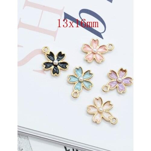 20pcs/lot 13x16 mm enamel pearl sakura charm for jewelry making cute earring pendant bracelet necklace charms accessories