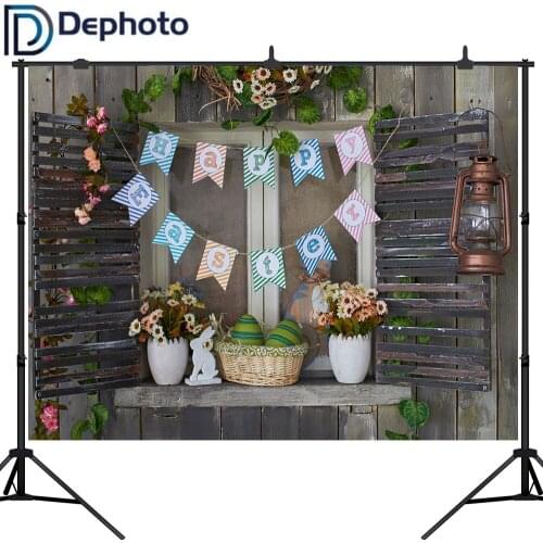 Dephoto Photography backdrops Easter Rabbit eggs flag Wood window flowers spring Background photo studio photocall photophone