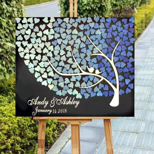 Personalized Wedding Guest Book Hearts Blue Gradient Custom Rustic Wooden Wedding Guest Books Sign With Tree Birds