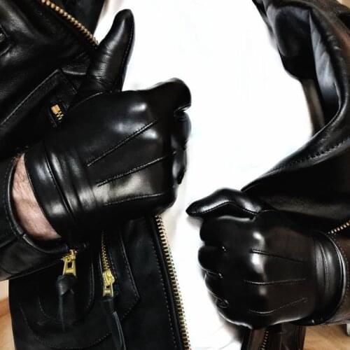 KIMOBAA man fashion whole piece of real lambskin sheep leather gloves in blck