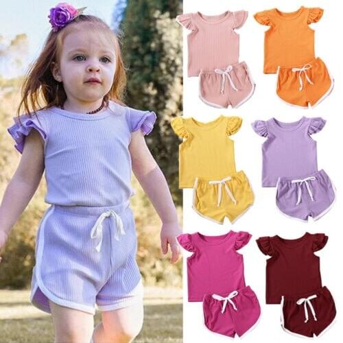 Summer Infant Baby Girls Boys Clothes Sets Ruffles Short Sleeve Pullover T Shirts Shorts Solid Outfits