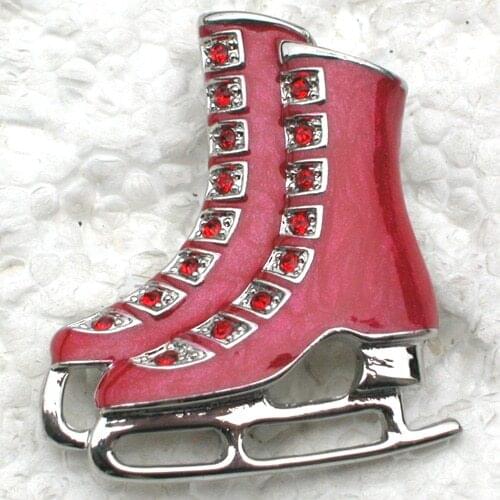 Rhodium plated Fashion Brooch Red Rhinestone Enamel Ice Skate Shoes Pin brooches C822 C