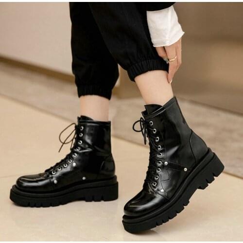Fashion Lace Up Martin Boots Women Comfort Square Heel Ankle Boots Ladies Round Toe Platform Autumn Winter Shoes Woman