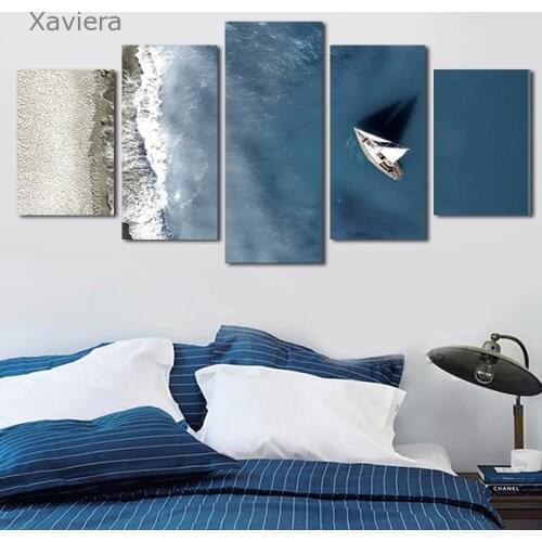 Nordic Wall Art Poster Modern Landscape Canvas Painting Summer Vacation Ocean Sailing Boat Home Decor Mural Five-Piece Frameless