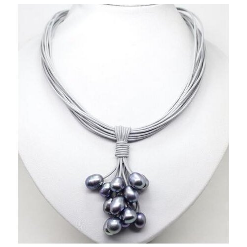 10-12mm Real Black Freshwater Pearl Pendant Necklace Leather Cord Magnet Clasp Fashion Jewelry