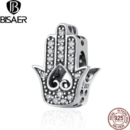 Authentic 100% 925 Sterling Silver Hamas Hand Of Fatima Bead Charms Fit Bracelet Charms Silver 925 Original Jewelry ECC225