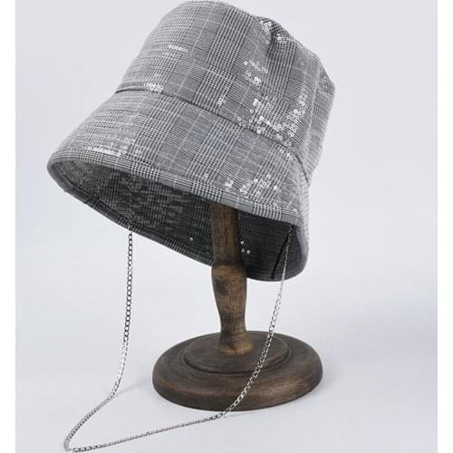 Women Girls Korean Punk Styles Sequinsd Chain Bucket Hats Fisherman Caps Students Autumn Winter Gorras