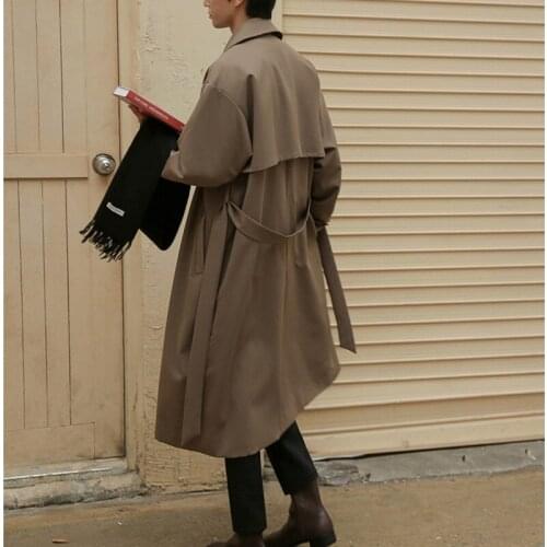 Mens Middle Long Loose Handsome Mens Trench Coat Belt 2021 Autumn New Korean Fashion Double Breasted Windbreaker