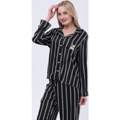 Spring Simple Long-sleeved Trouser Women Pajamas Striped Satin Sleepwear Plus Size Sexy Nightwear 2 Piece Lounge Wear Home Set