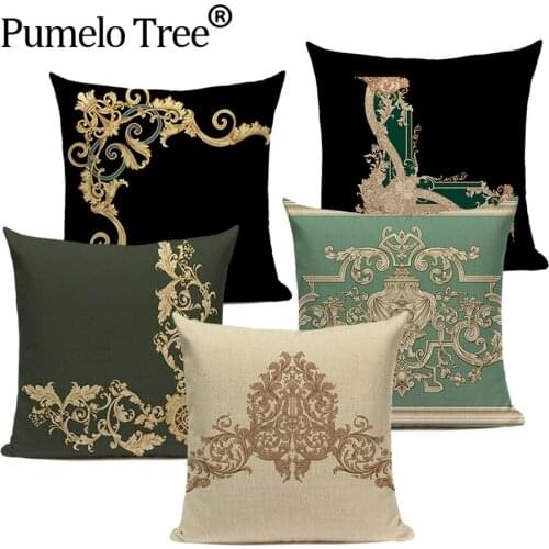 Vintage Floral Pattern Throw Pillow Case Gold Decorative Pattern Sofa Cushions Cover Classic Linen Decorative Room Cushion Cover