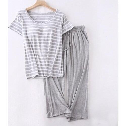 Womens Pajamas Korean Style Modal Half-Sleeve Striped Print Tops with Bra Pad Pajama Set Casual 2 Piece Loungewear Suit Summer