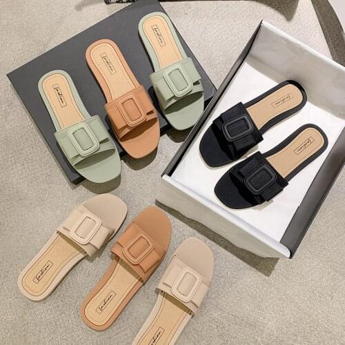 2021 Womens Slippers Fashion Beach Outdoor Sandals Womens Casual Solid Color Flat Slippers Korean Popular Girl Sandals