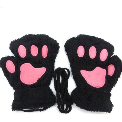 Women Winter Warm Half Finger Gloves Cartoon Cat Paw Plush Fingerless Mittens X7JB
