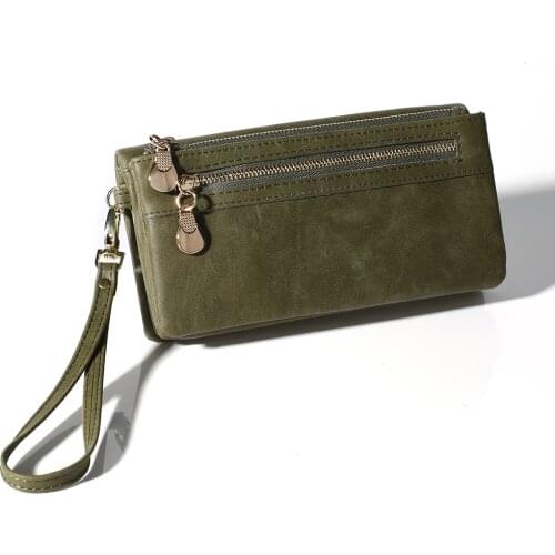 Women Fashion Vintage Double Zipper Dull Polish Leather Long Wallet Handbag Best Sale-WT