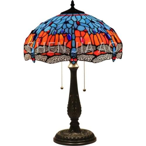 1PC 16-inch Retro Dragonfly Table Lamp European Retro Creative Desktop Table Lamp Stained Glass Lampshade Light 110-240V