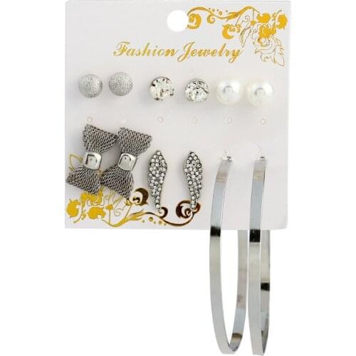 6 pairs/Set Trendy Style Earring Sets Lovely Mesh Bow Rhinestone Wings Round Ball Stud Earrings For Women Party Gift Jewelry