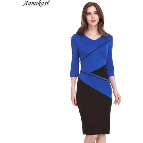 Aamikast Womens Elegant Winter Optical Illusion Colorblock Contrast Modest Slim Work Business Casual Party Sheath Pencil Dress