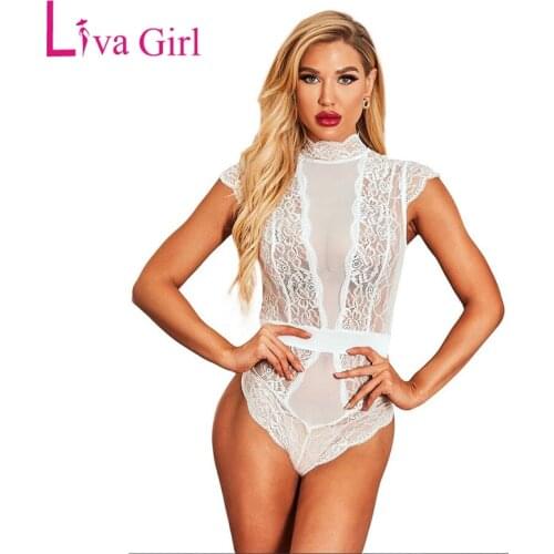 LIVA GIRL Woman Sheer Lace Sexy Bodysuit White/Navy Blue Summer Cap Sleeve Bodycon Turtleneck Bodysuits Female Clothes Body Tops