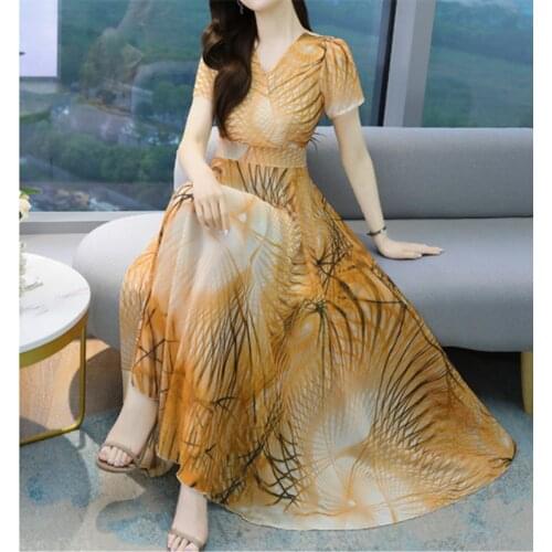 Summer Bohemian Women Dresses Casual Chiffon Floral Print Dress Short Sleeve V-Neck Vintage Beach Dress Party Vestidos