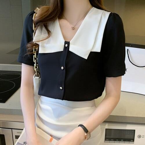 Summer Korean Fashion Blouse Women Sweet Cute Contrast Collar Tops Female Young Style Elegant Chiffon Shirt Short Sleeve Shirts