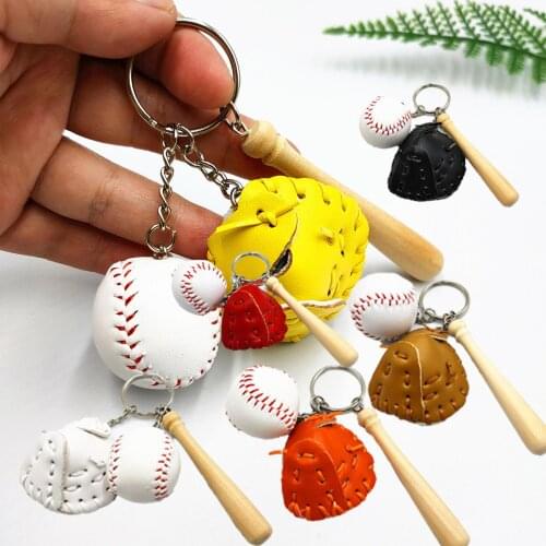 2 PCS Fashion 3D Cheap Mini Three-piece Baseball Glove Bat Wooden PU Leather Keychain Sport Car Key Chain Ring Gift