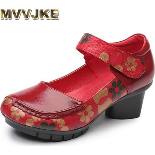 MVVJKE Vintage Style Genuine Leather Shoes Personality Casual Womens Pumps Summer Cowhide Retro Floral Handmade Shoes E174