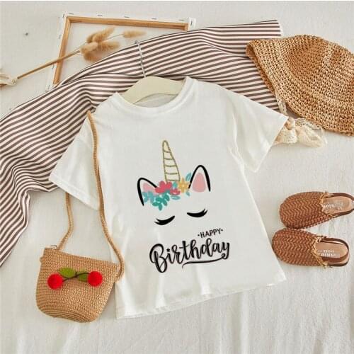 New 2021 Girls Clothes Cartoon Anime Boy T-shirt Unicorn Happy Birthday Print Short Sleeve Girl Tops Baby Boys Shirt Round neck