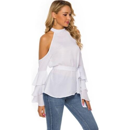 Summer Stand Collar Off Shoulder Hanging Neck Long Sleeve Solid Color Three Layers Flare Sleeve Waist Top