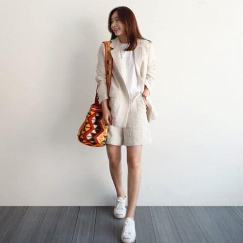 Autumn Fashion Loose Casual Elegant Cotton Hemp Suit Jacket + Thin High Waist Short Pants Simple Two Piece Set костюм женский