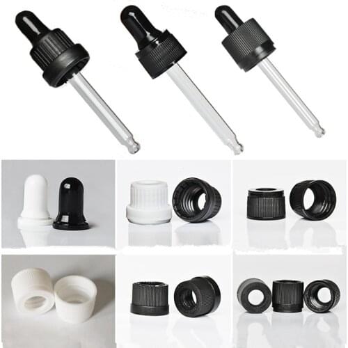 50pcs Plastic Black/White Screw Press Dropper Cover Cap With Glass Pipette For 5/10/15/20/30/50/100ml Essential Oil Bottles