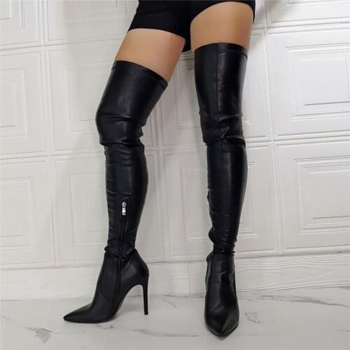 Drop Shipping New Fashion Woman Black Leather Over The Knee Boots Sexy lady Pointed Toe Slim Long Botas Cheap Hot Sale