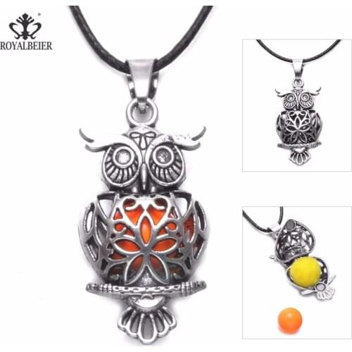 RoyalBeier 5 PC Trendy Essential Oil Diffuser Perfume Owl Pendant Necklace Long Rope Chain Silver Color Lockets Necklace Jewelry