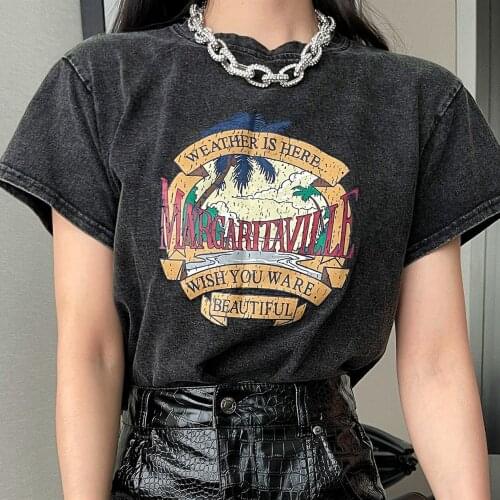 Dark Gray American Style Natural Scenery Vintage T Shirts Women Crop Tops New Streetwear Casual Summer Tees O-neck for Cool Girl