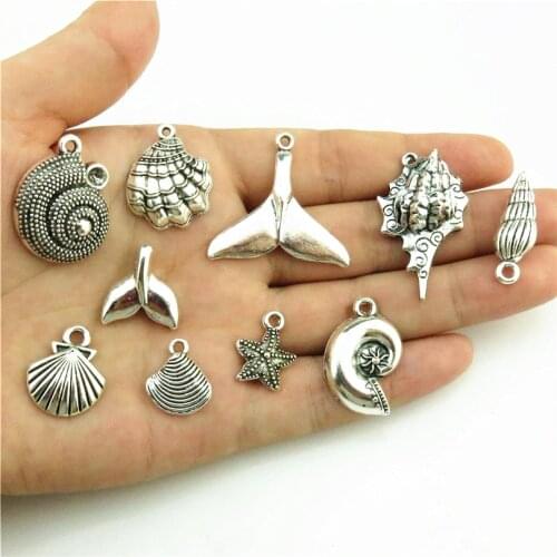 20pcs/Lot Mix Vintage Sea Starfish Conch Shell Charms Animal Whale Tail Sea Pendant For Women Keychain Jewelry Wholesale A9Q904