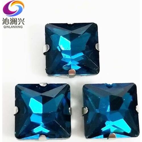 Peacock blue top quality Glass Crystal sew on stones,square shape claw rhinestone with holes,Diy/Clothing accessorie SWZ414