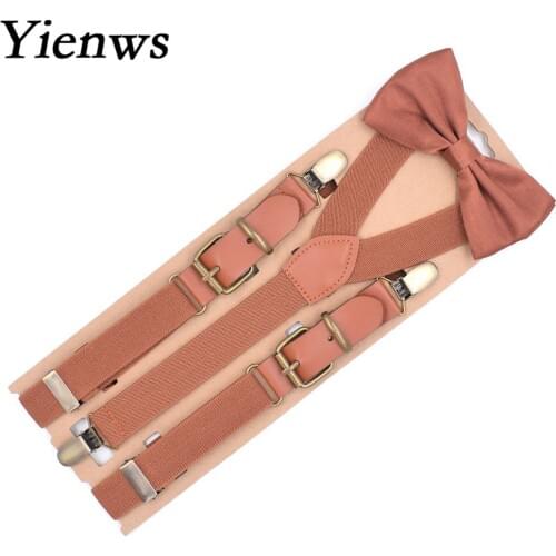 Yienws Bretels Bow Tie Suspenders for Men Vintage Brown Bowtie Braces Y Back Patch Leather Suspenders Wedding Party YiA096