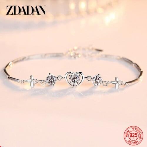 ZDADAN 925 Sterling Silver Blue White Purple Heart Shaped Zircon Bracelet Chain For Women Wedding Jewelry Gift