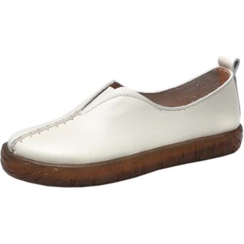 Women Shoes 2020 New Spring Round Head Shallow Flat Shoes Top Soft Cowhide Soft Bottom Genuine Leather Shoes Retro Casual Shoes