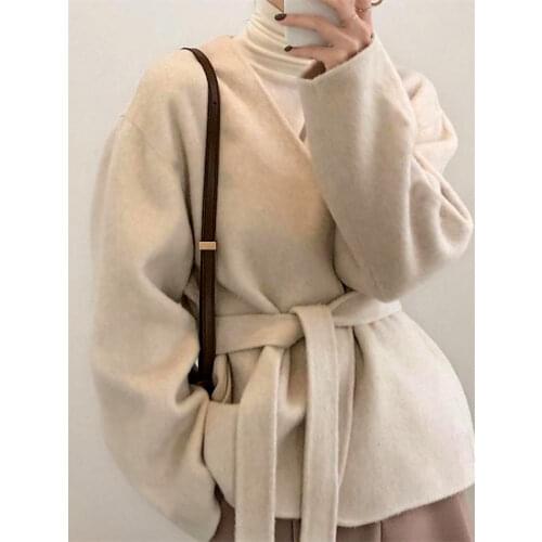 2021 Women Woolen Belt Jacket Waistband Coat