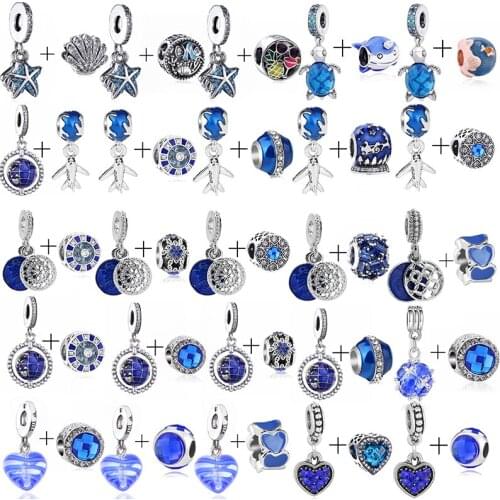 2Pcs/Lot Silver Plated Blue Aircraft & Star Beads Charms Pendant fit Original Brand Bracelets Necklaces for Women Jewelry Making