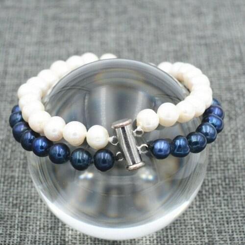 7-8mm Black / White Freshwater Cultured Pearl Bracelet 7.5" 2 Row