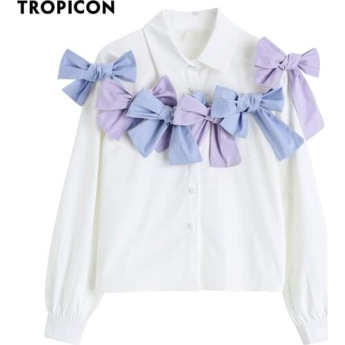 TROPICON Macaron Bow White Shirt For Women Long Sleeve Button Up Collar Shirt Designer Top And Blouse Spring 2021 Fashion Style