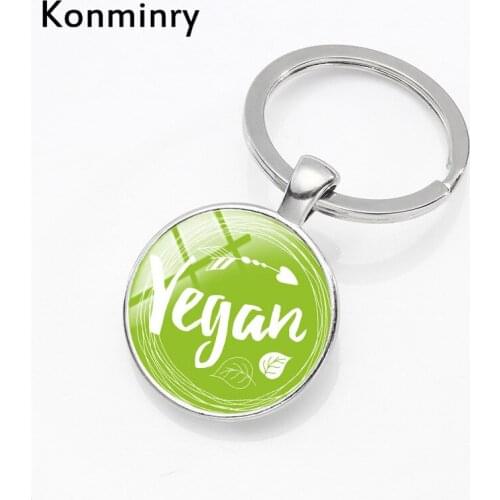 Konminry Classic Green Drawing Vegan Keyrings Apple Fruit Be Healthy Design Glass Dome KeyChains Holder For Vegetarian Gifts