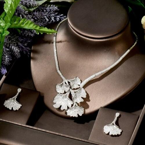 HIBRIDE Elgant Cubic Zirconia Necklace Earring Flower Leaf Design Full Jewelry Set for Women Bridal Dress Dinner N-1767