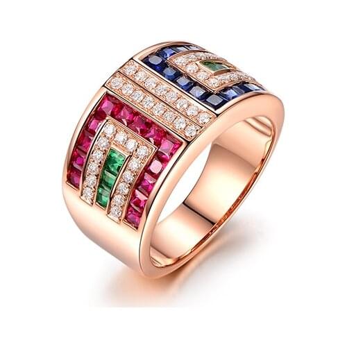 Pure gold female ring, ruby and sapphire inlay, customized high-end jewelry, birthday party gifts for relatives and friends
